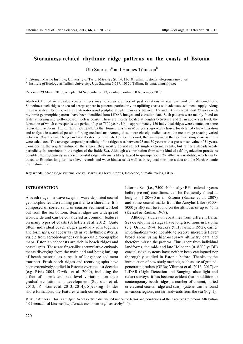 Storminess-Related Rhythmic Ridge Patterns on the Coasts of Estonia