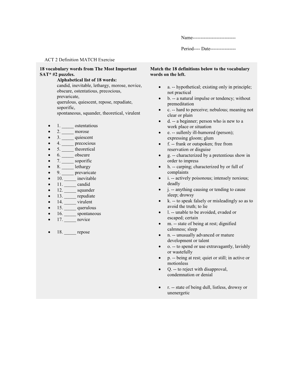 ACT 2 Definition MATCH Exercise