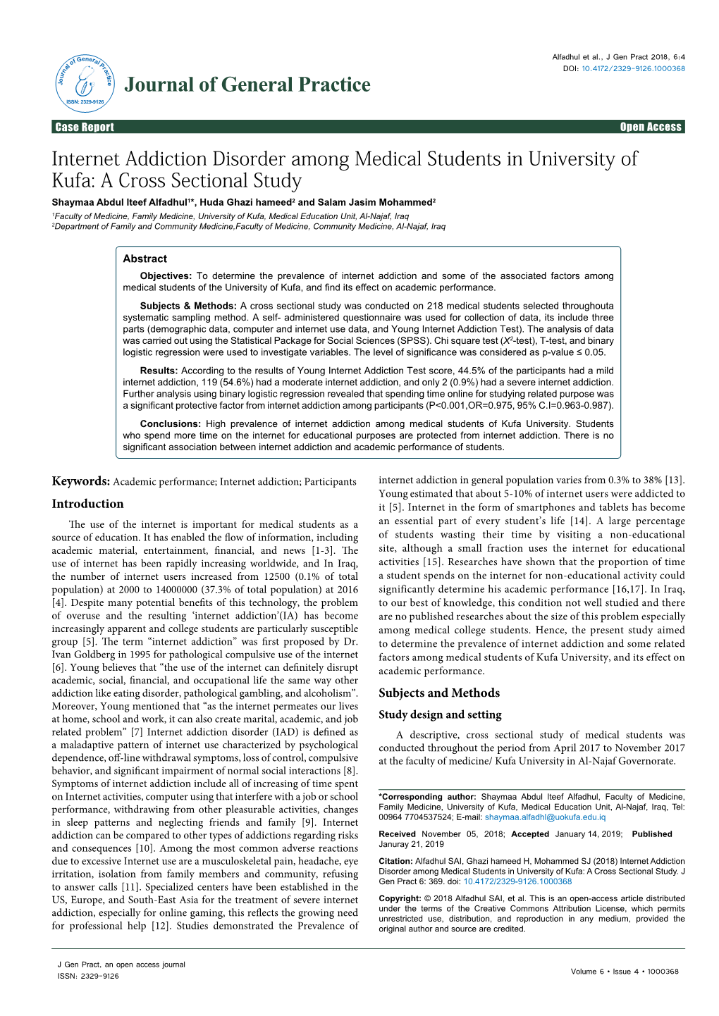 Internet Addiction Disorder Among Medical Students in University of Kufa: a Cross Sectional Study