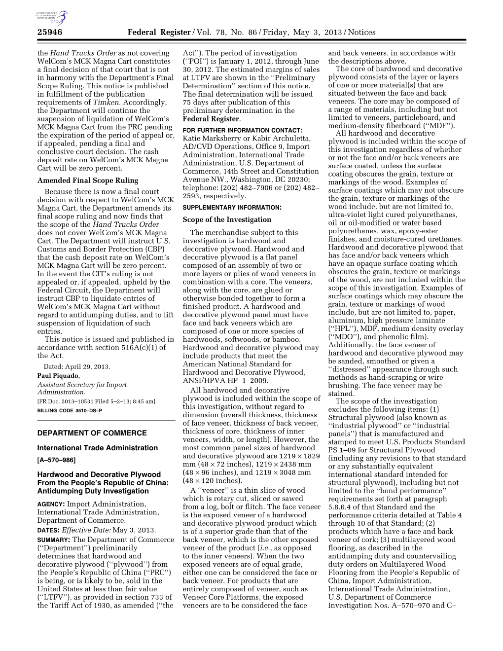 Federal Register/Vol. 78, No. 86/Friday, May 3, 2013