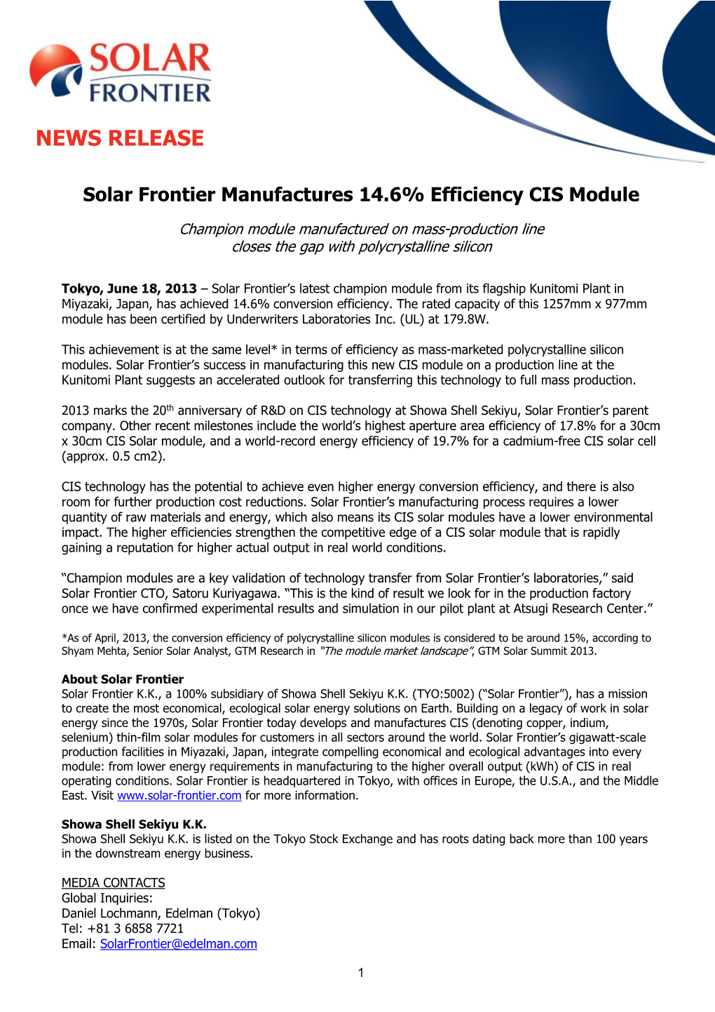 Solar Frontier Manufactures 14.6% Efficiency CIS Module