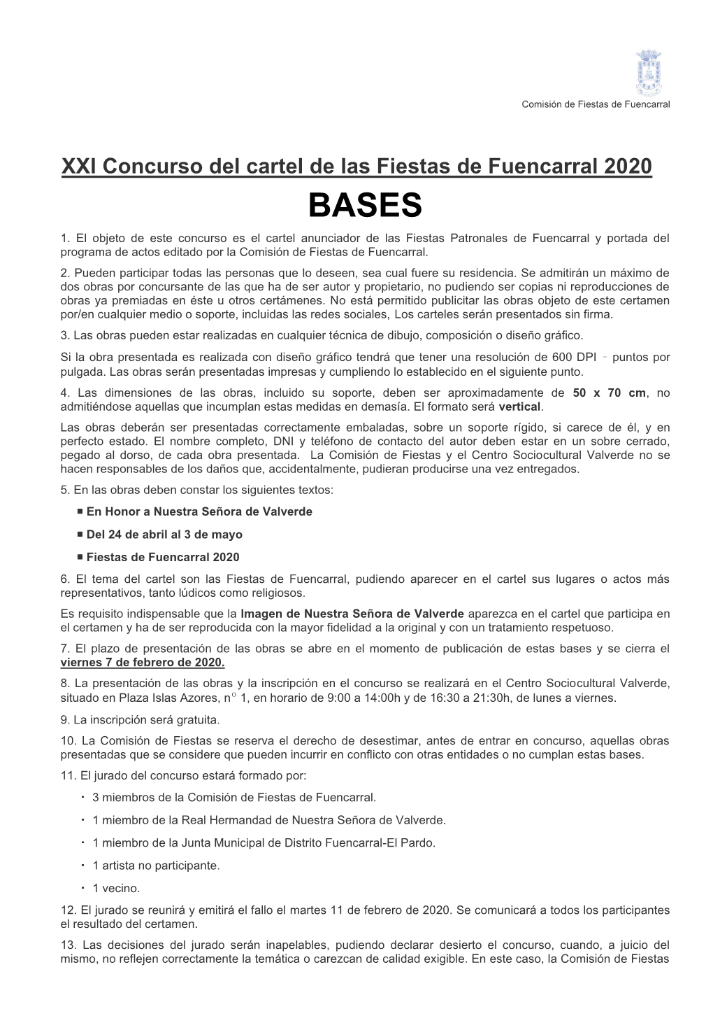 XXI Concurso Del Cartel De Las Fiestas De Fuencarral 2020 BASES 1