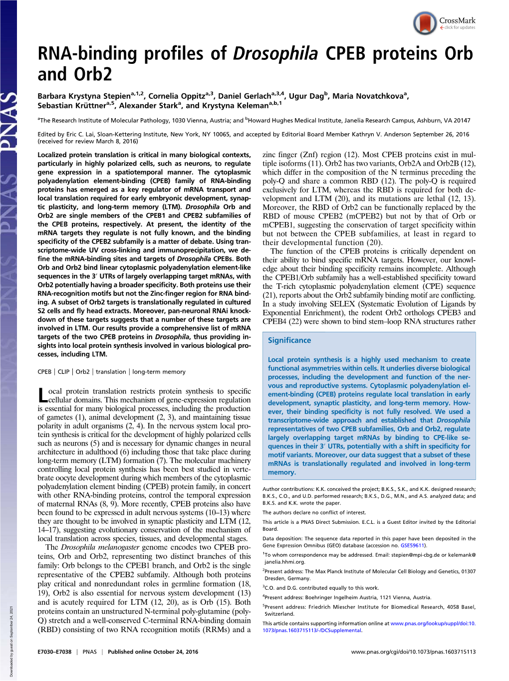 RNA-Binding Profiles of Drosophila CPEB Proteins Orb and Orb2