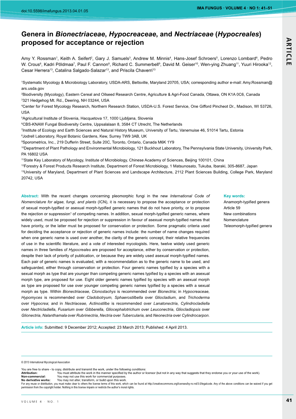 AR TICLE Genera in Bionectriaceae, Hypocreaceae, and Nectriaceae