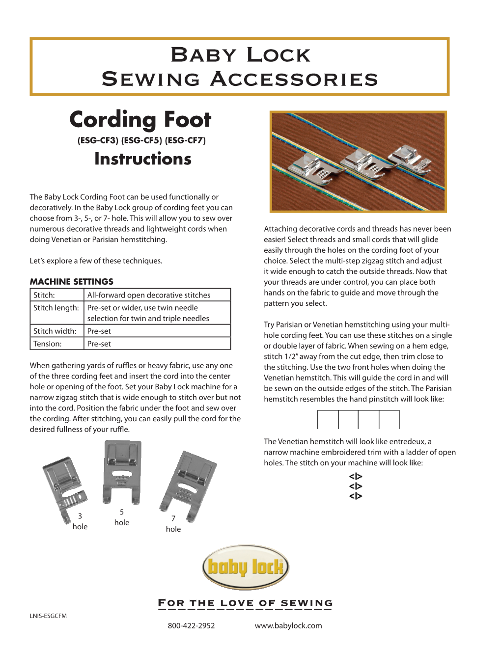 Cording Foot (ESG-CF3) (ESG-CF5) (ESG-CF7) Instructions