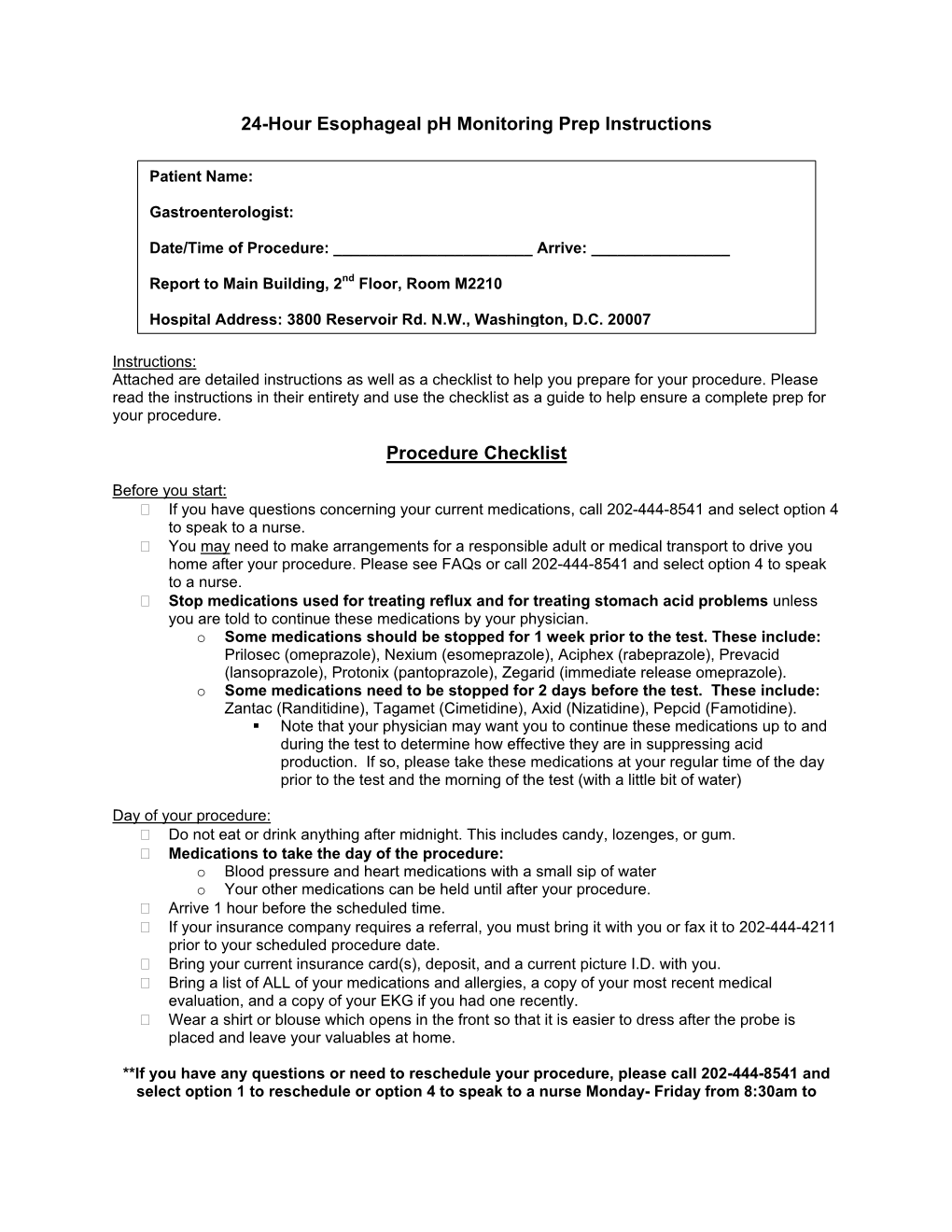 24-Hour Esophageal Ph Monitoring Prep Instructions Procedure Checklist