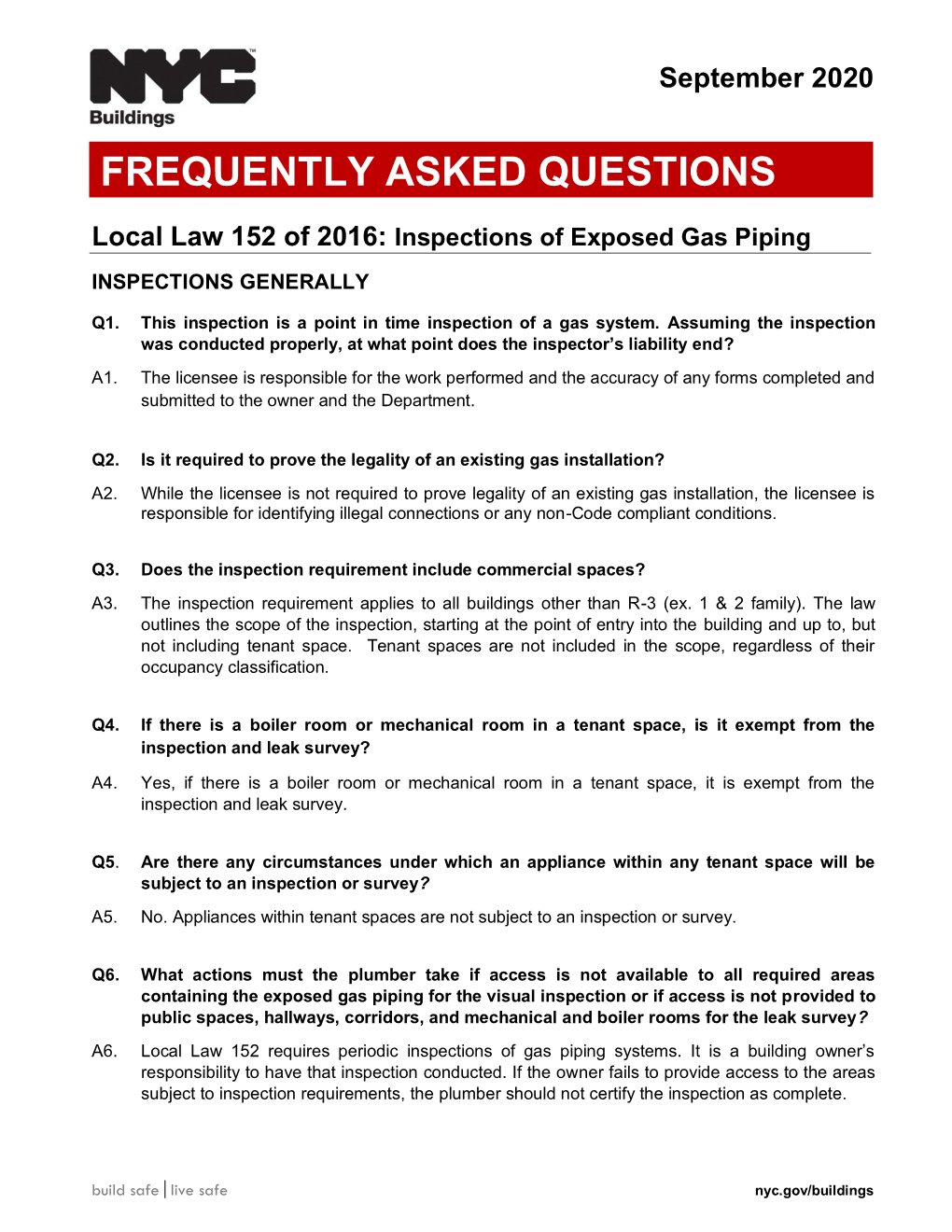 Local Law 152 of 2016: Inspections of Exposed Gas Piping Faqs