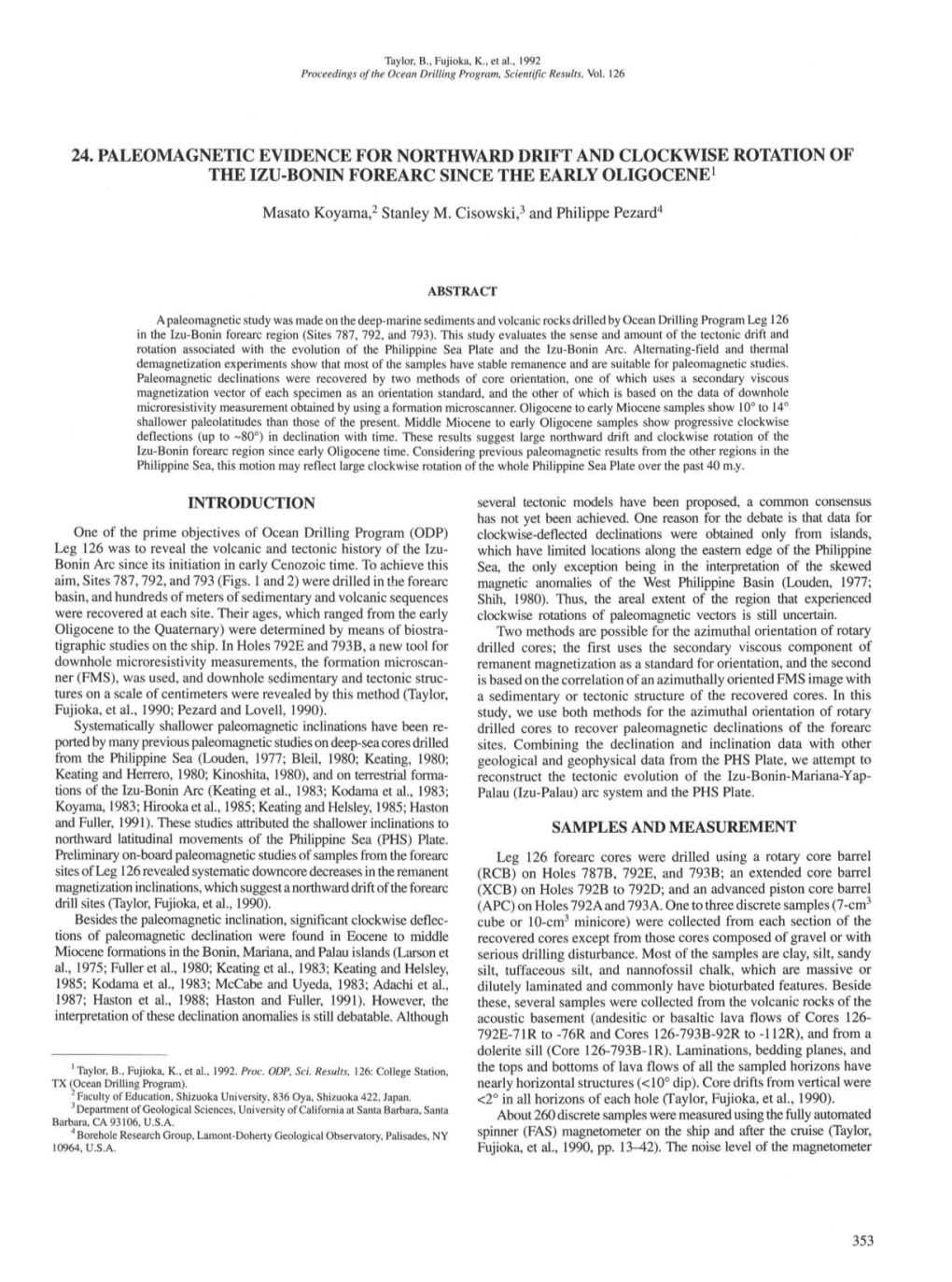 24. Paleomagnetic Evidence for Northward Drift and Clockwise Rotation of the Izu-Bonin Forearc Since the Early Oligocene1