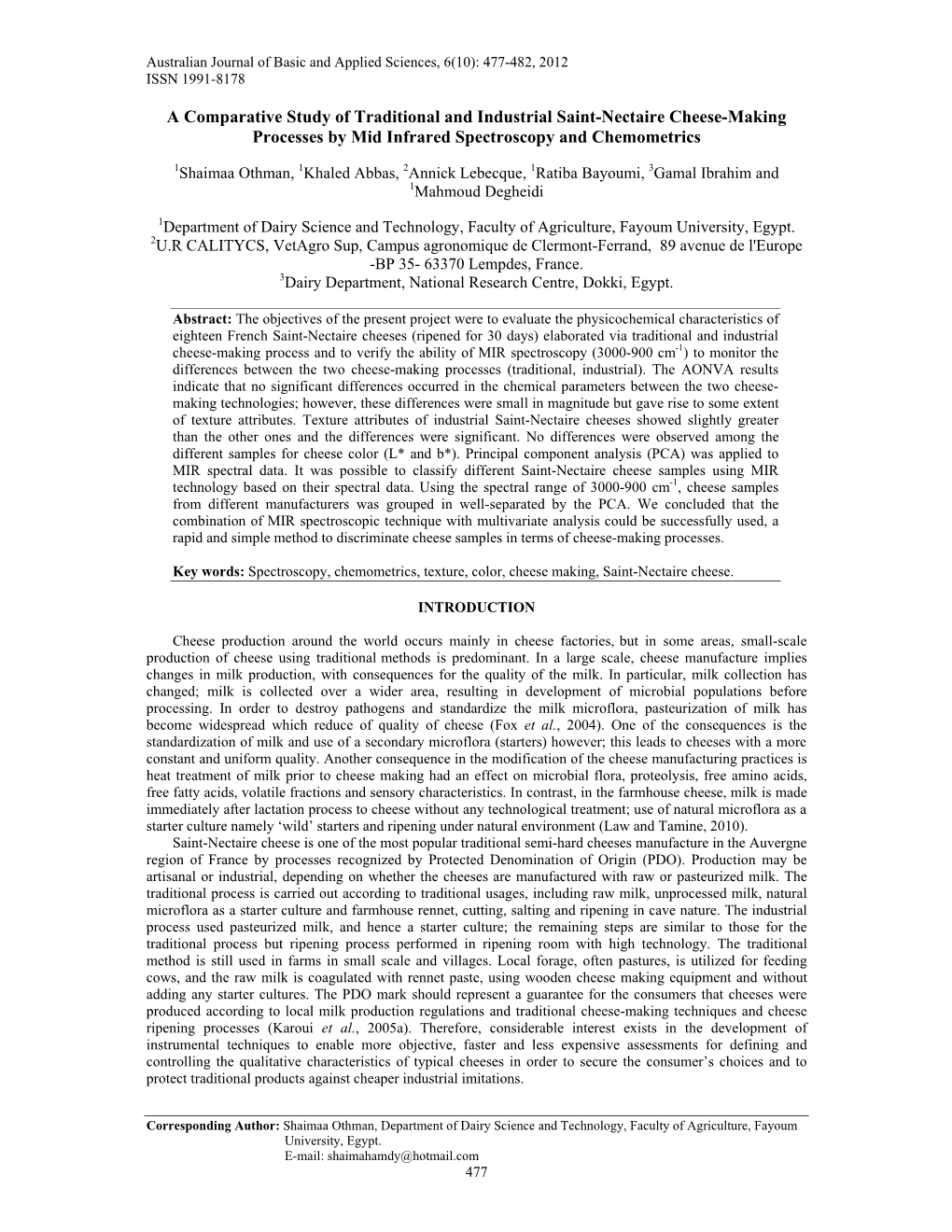 A Comparative Study of Traditional and Industrial Saint-Nectaire Cheese-Making Processes by Mid Infrared Spectroscopy and Chemometrics