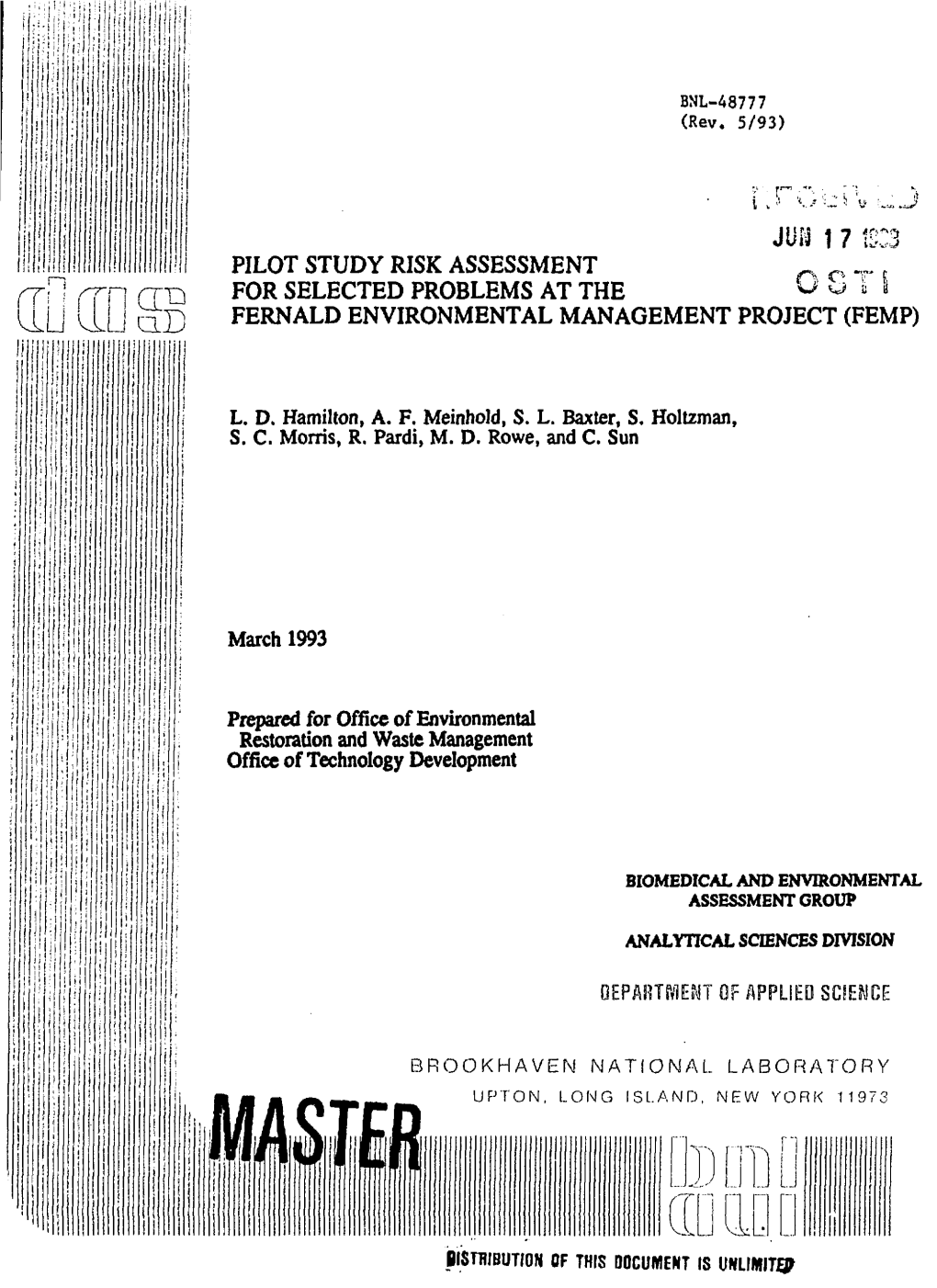 17 to Ill PILOT STUDY RISK ASSESSMENT ! II Rn CTT] for SELECTED PROBLEMS at the U FERNALD ENVIRONMENTAL MANAGEMENT PROJECT (FEMP)