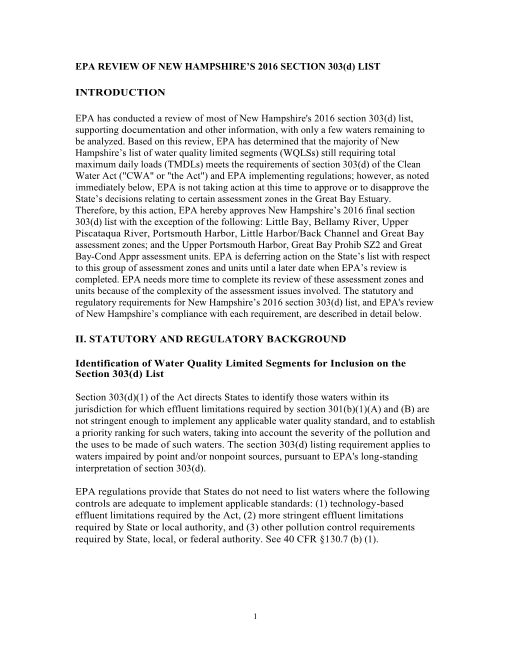 EPA REVIEW of NEW HAMPSHIRE's 2016 SECTION 303(D) LIST