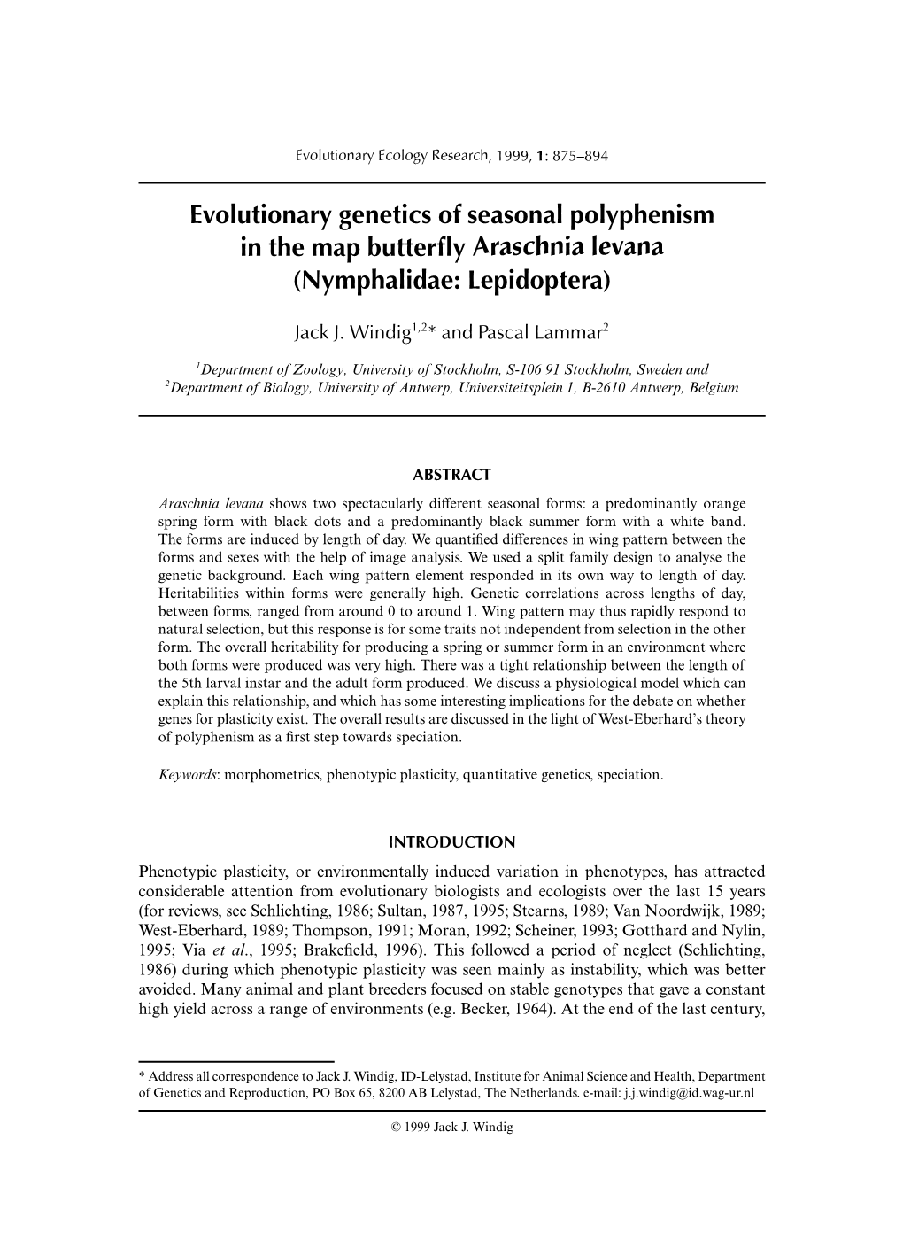 Evolutionary Genetics of Seasonal Polyphenism in the Map Butterfly Araschnia Levana (Nymphalidae: Lepidoptera)