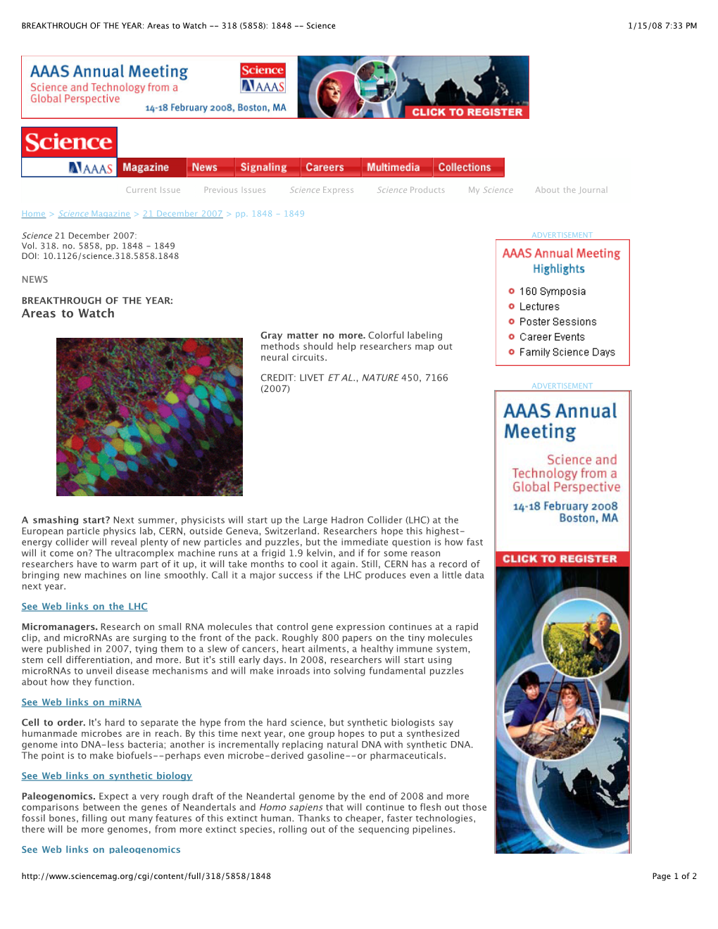 BREAKTHROUGH of the YEAR: Areas to Watch -- 318 (5858): 1848 -- Science 1/15/08 7:33 PM