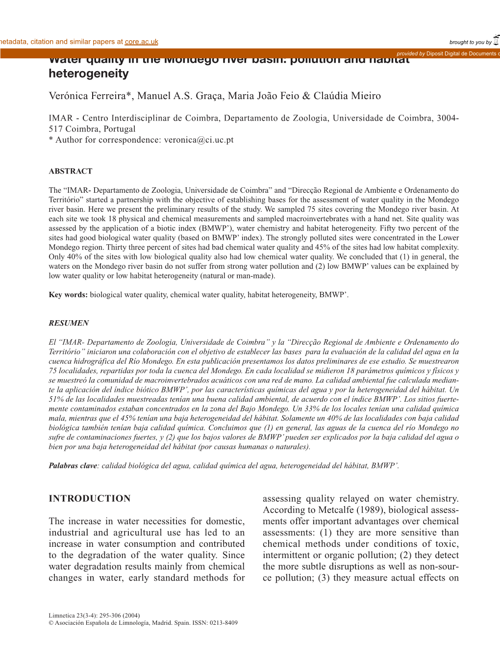 Water Quality in the Mondego River Basin: Pollution and Habitatprovided by Diposit Digital De Documents De La UAB Heterogeneity