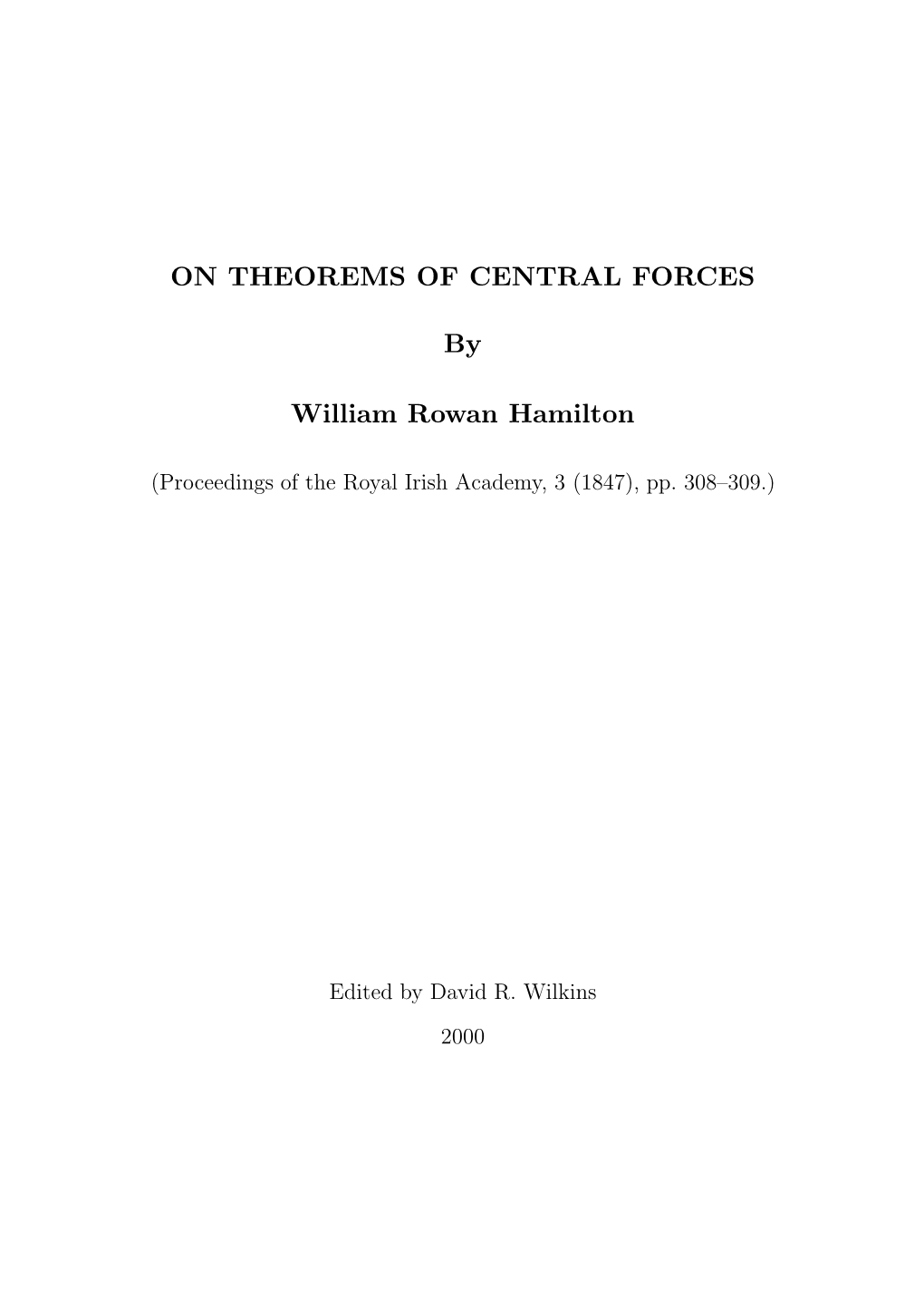 ON THEOREMS of CENTRAL FORCES by William Rowan Hamilton