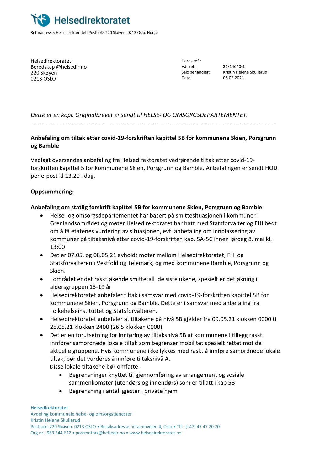 Anbefaling Om Tiltak Etter Covid-19-Forskriften Kapittel 5B for Kommunene Skien, Porsgrunn Og Bamble