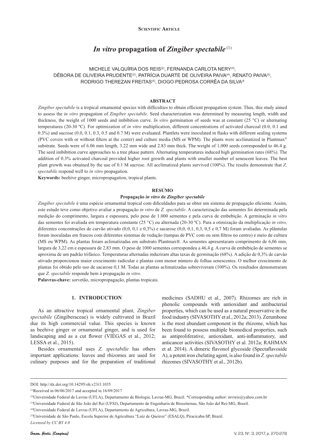 In Vitro Propagation of Zingiber Spectabile(1)