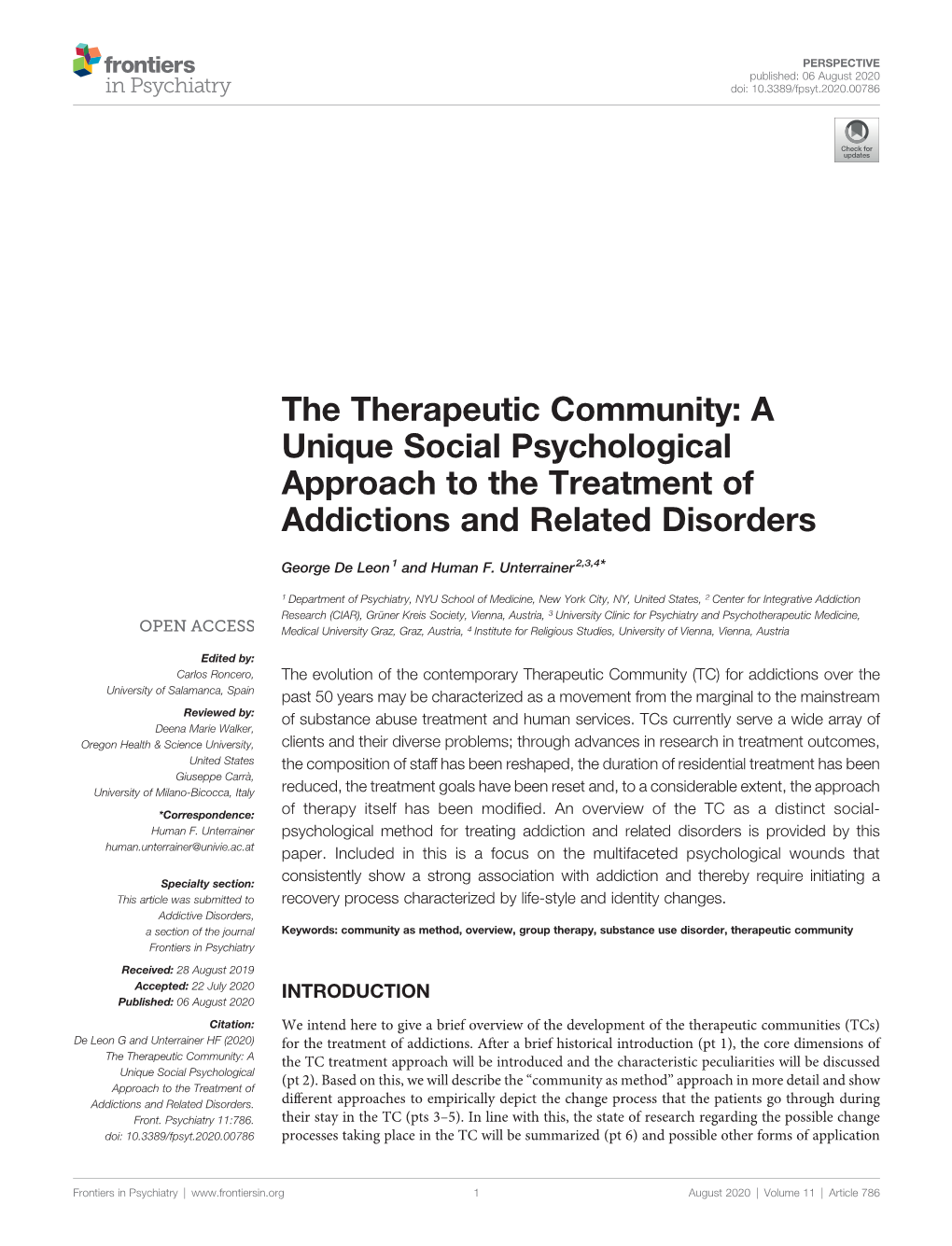 The Therapeutic Community: a Unique Social Psychological Approach to the Treatment of Addictions and Related Disorders