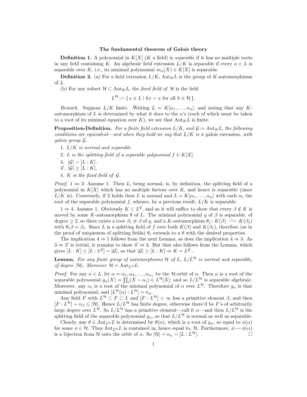 Fundamental Theorem of Galois Theory Deﬁnition 1