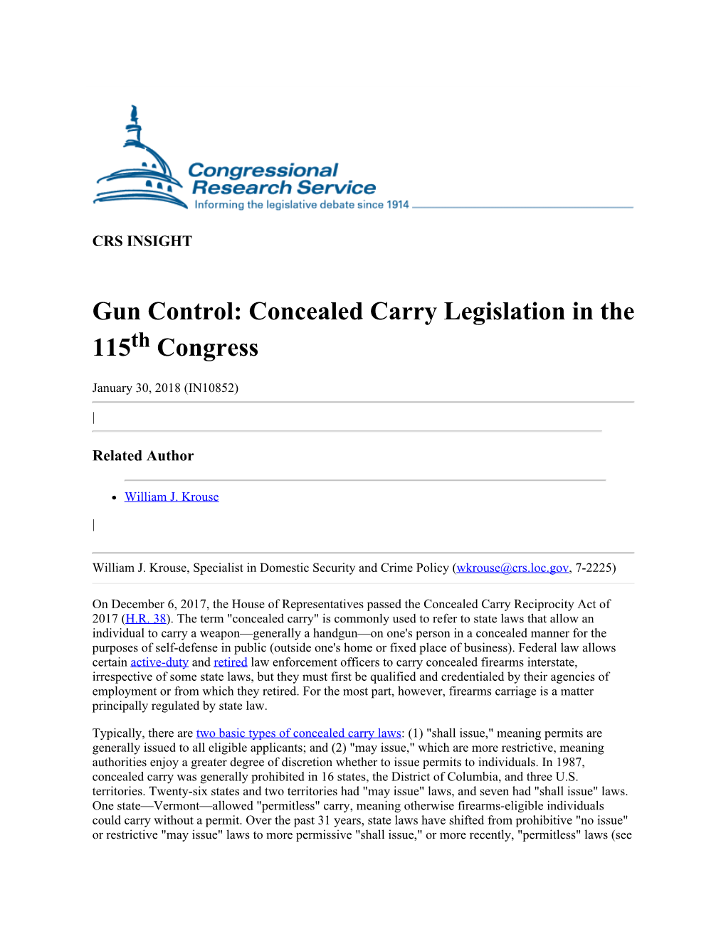 Gun Control: Concealed Carry Legislation in the 115Th Congress