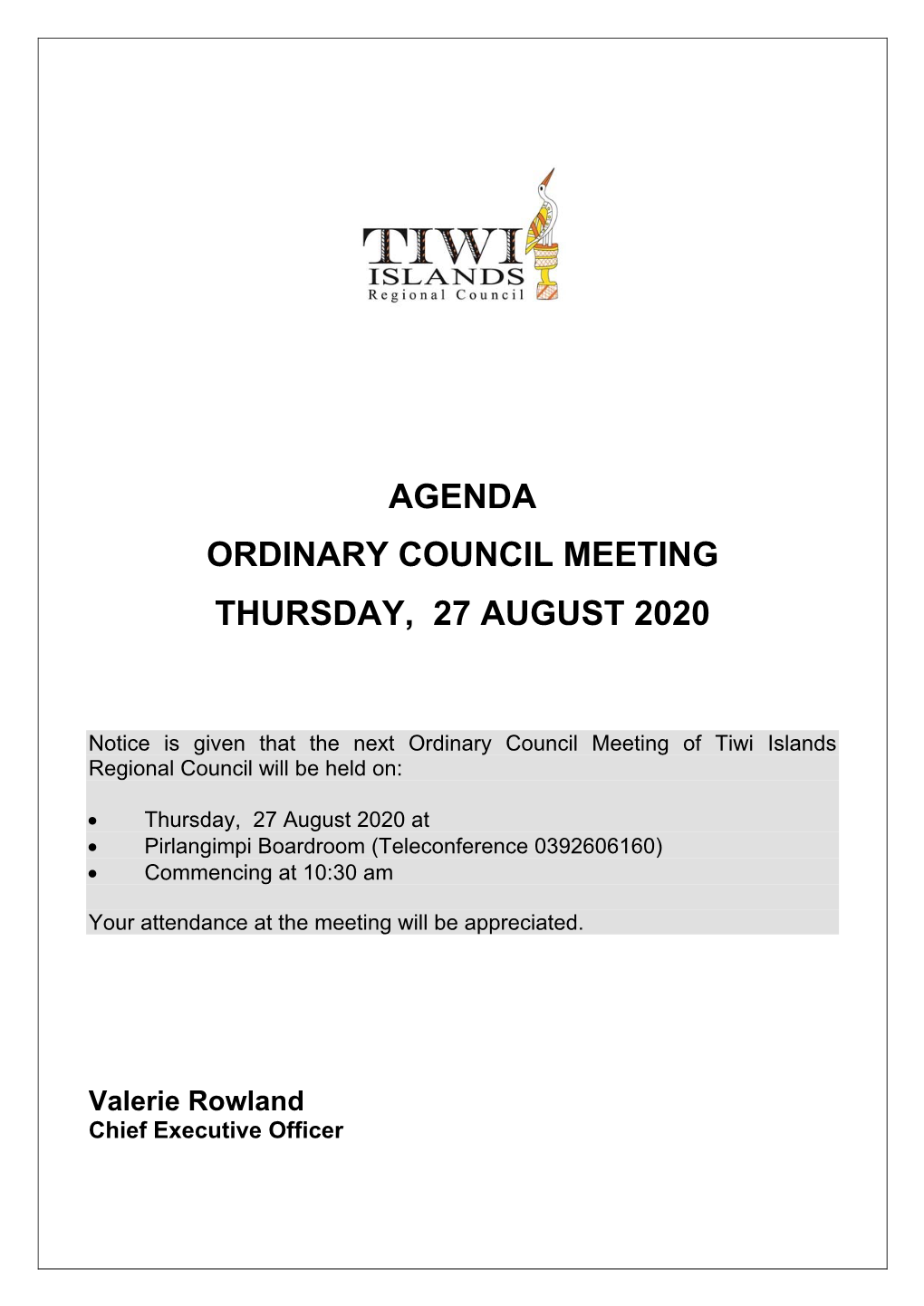 Agenda Ordinary Council Meeting Thursday, 27 August 2020