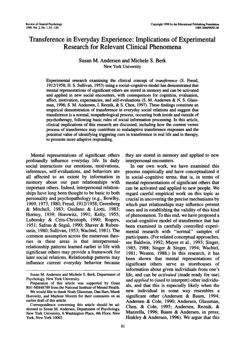 Transference in Everyday Experience: Implications of Experimental Research for Relevant Clinical Phenomena