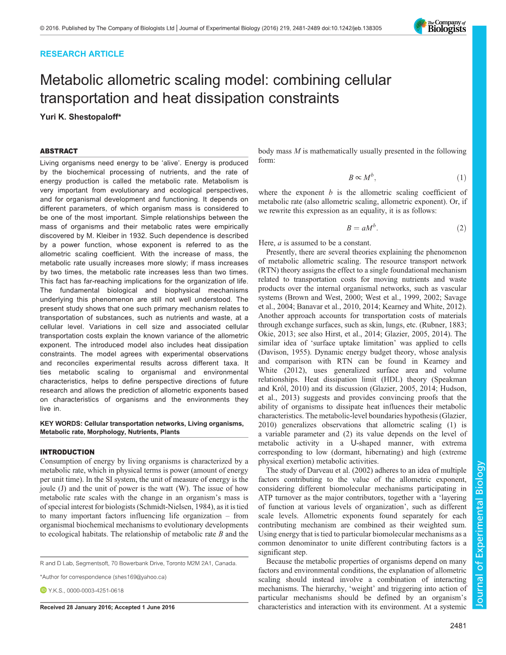 Metabolic Allometric Scaling Model: Combining Cellular Transportation and Heat Dissipation Constraints Yuri K