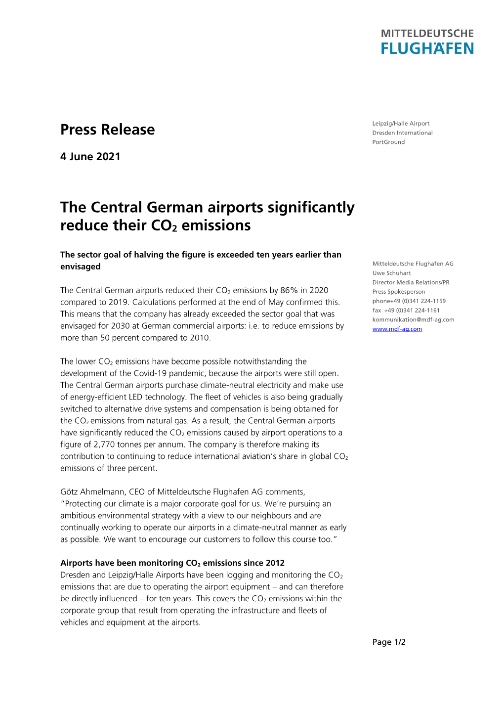Press Release the Central German Airports Significantly Reduce Their