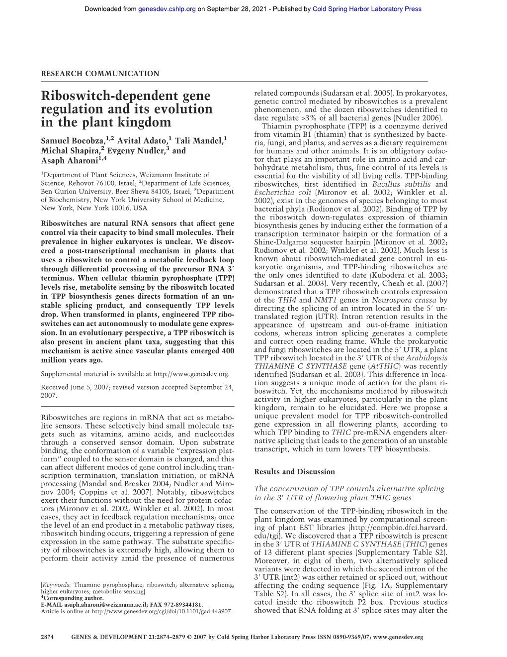 Riboswitch-Dependent Gene Regulation and Its Evolution in the Plant Kingdom