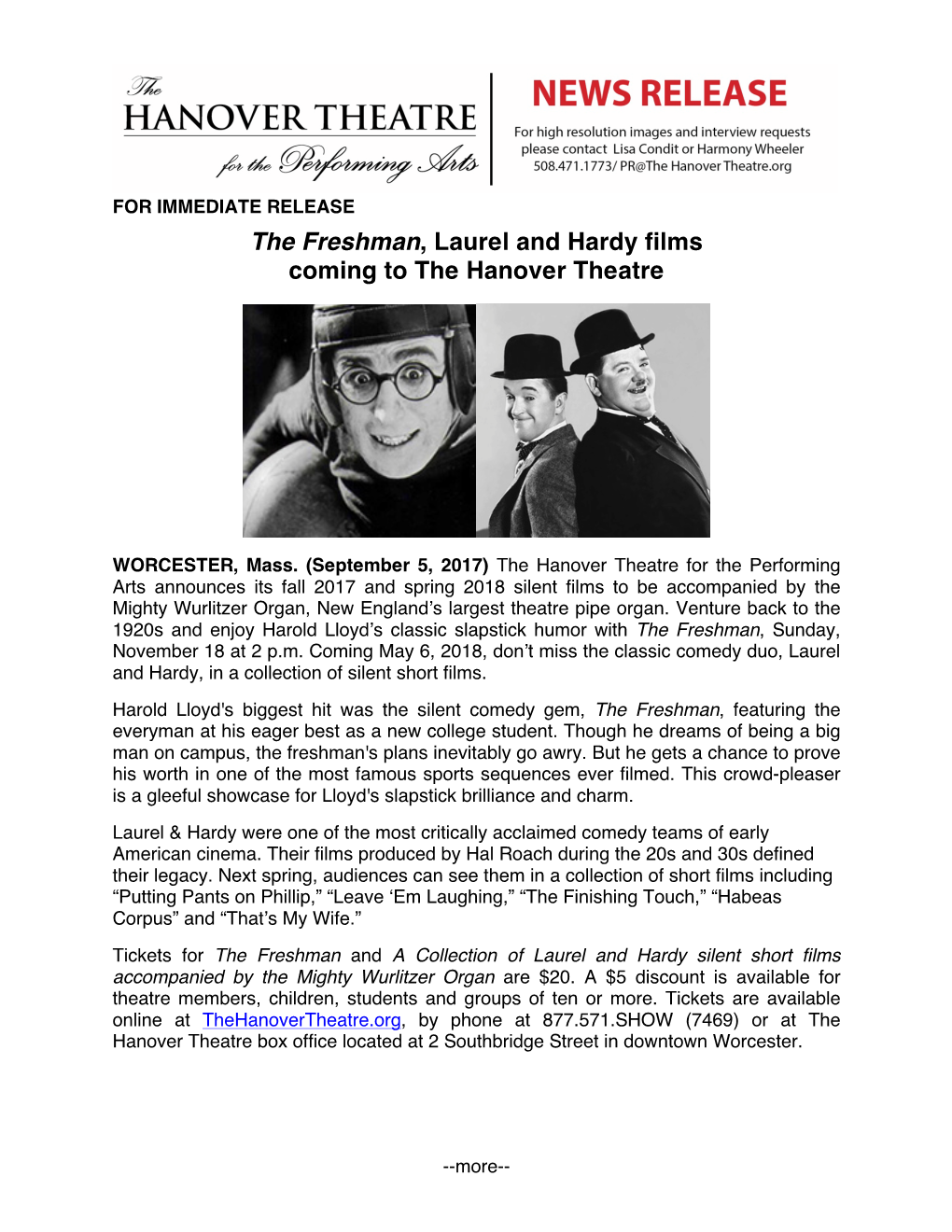 The Freshman, Laurel and Hardy Films Coming to the Hanover Theatre
