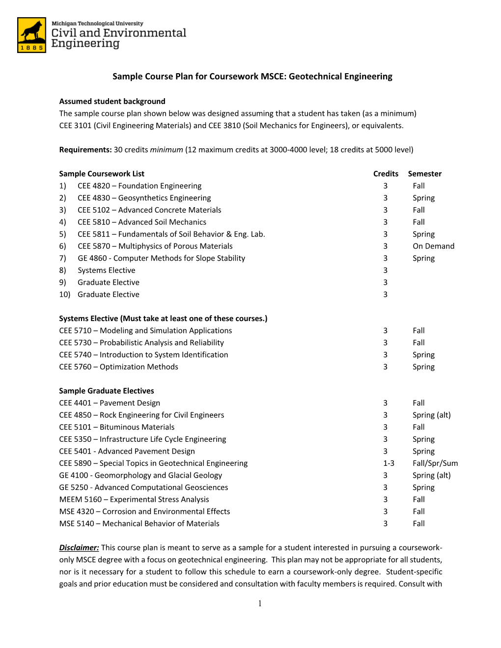 CEE Sample Course Plan for Coursework MSCE: Geotechnical Engineering