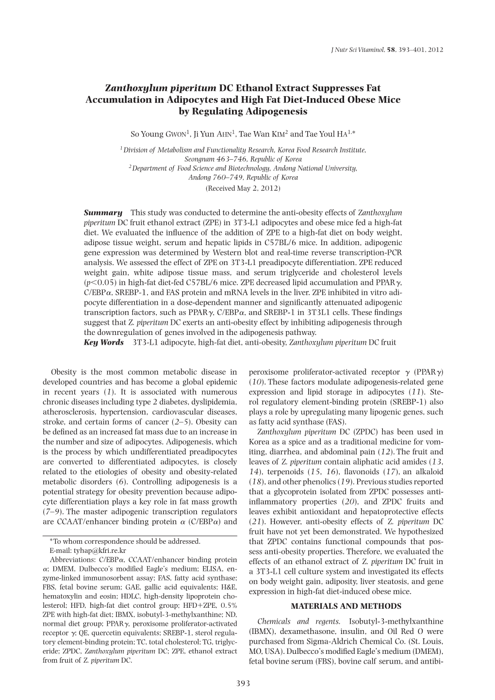 Zanthoxylum Piperitum DC Ethanol Extract Suppresses Fat Accumulation in Adipocytes and High Fat Diet-Induced Obese Mice by Regulating Adipogenesis