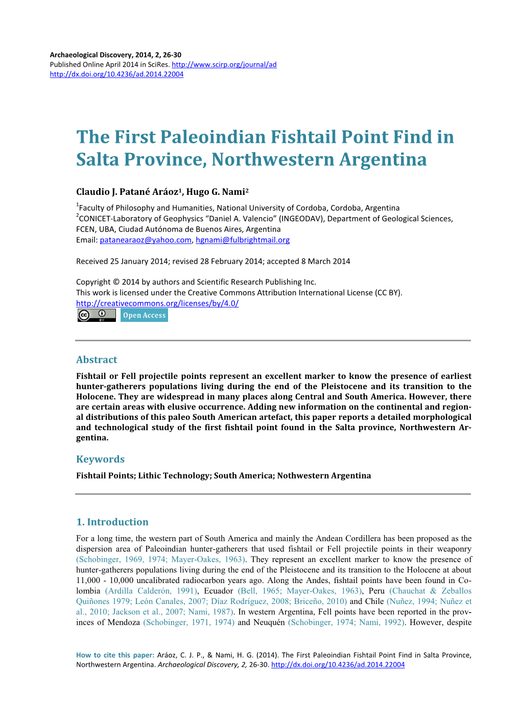 The First Paleoindian Fishtail Point Find in Salta Province, Northwestern Argentina