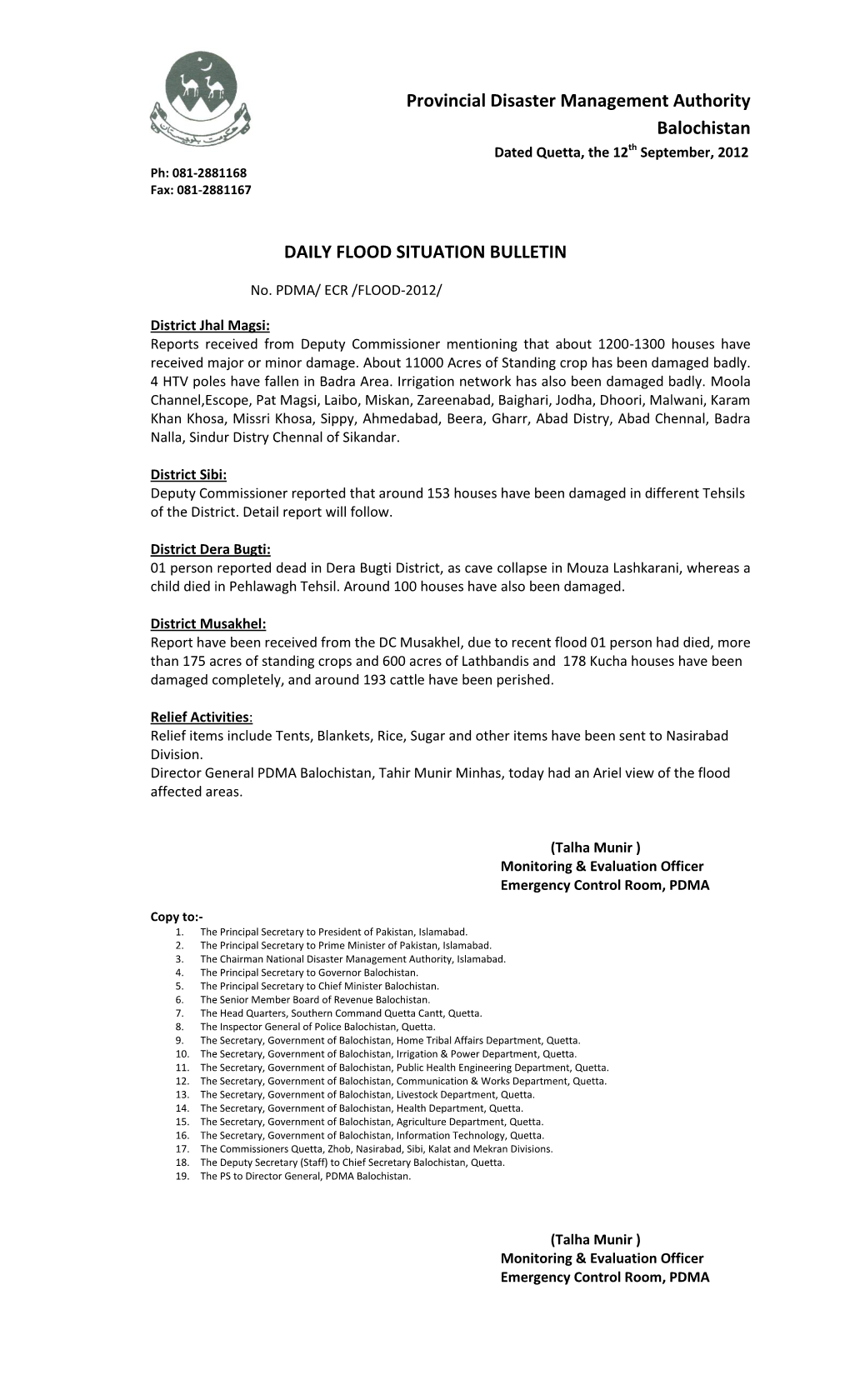 Daily Flood Situation Bulletin Balochistan 12 Sep 2012.Pdf