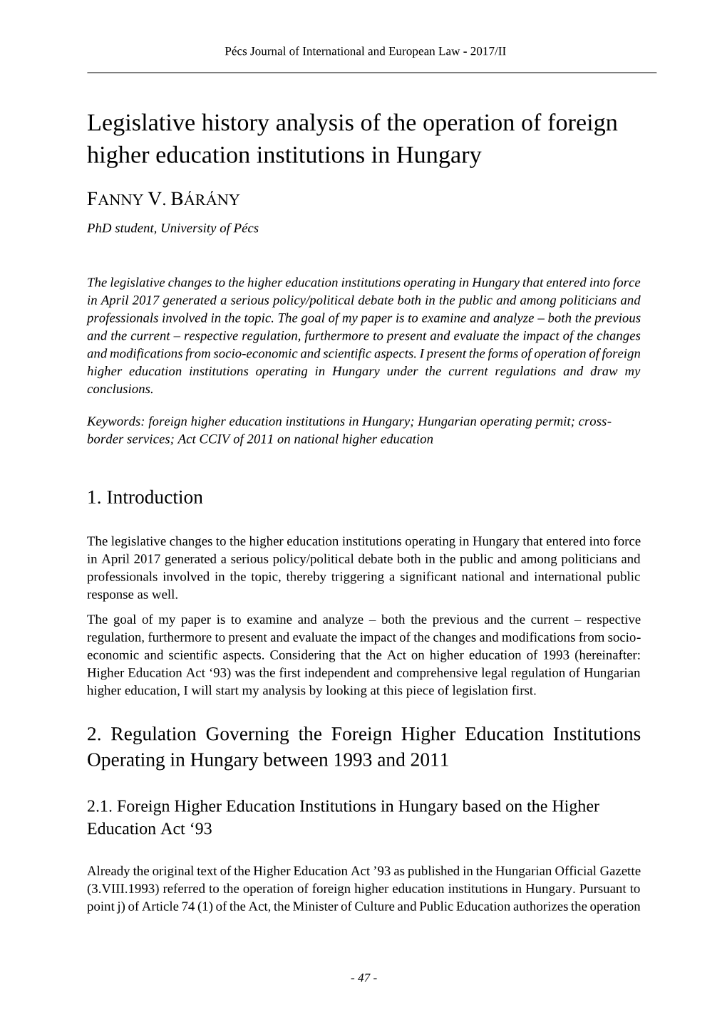 Legislative History Analysis of the Operation of Foreign Higher Education Institutions in Hungary