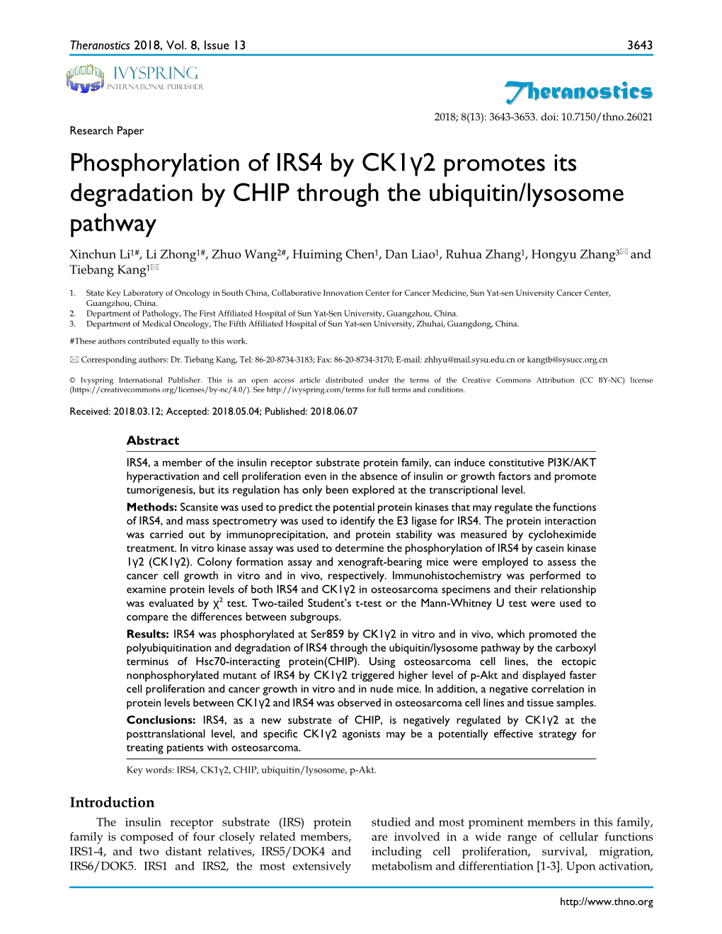 Theranostics Phosphorylation of IRS4 by Ck1γ2 Promotes Its Degradation