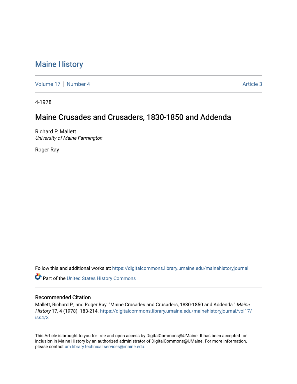 Maine Crusades and Crusaders, 1830-1850 and Addenda