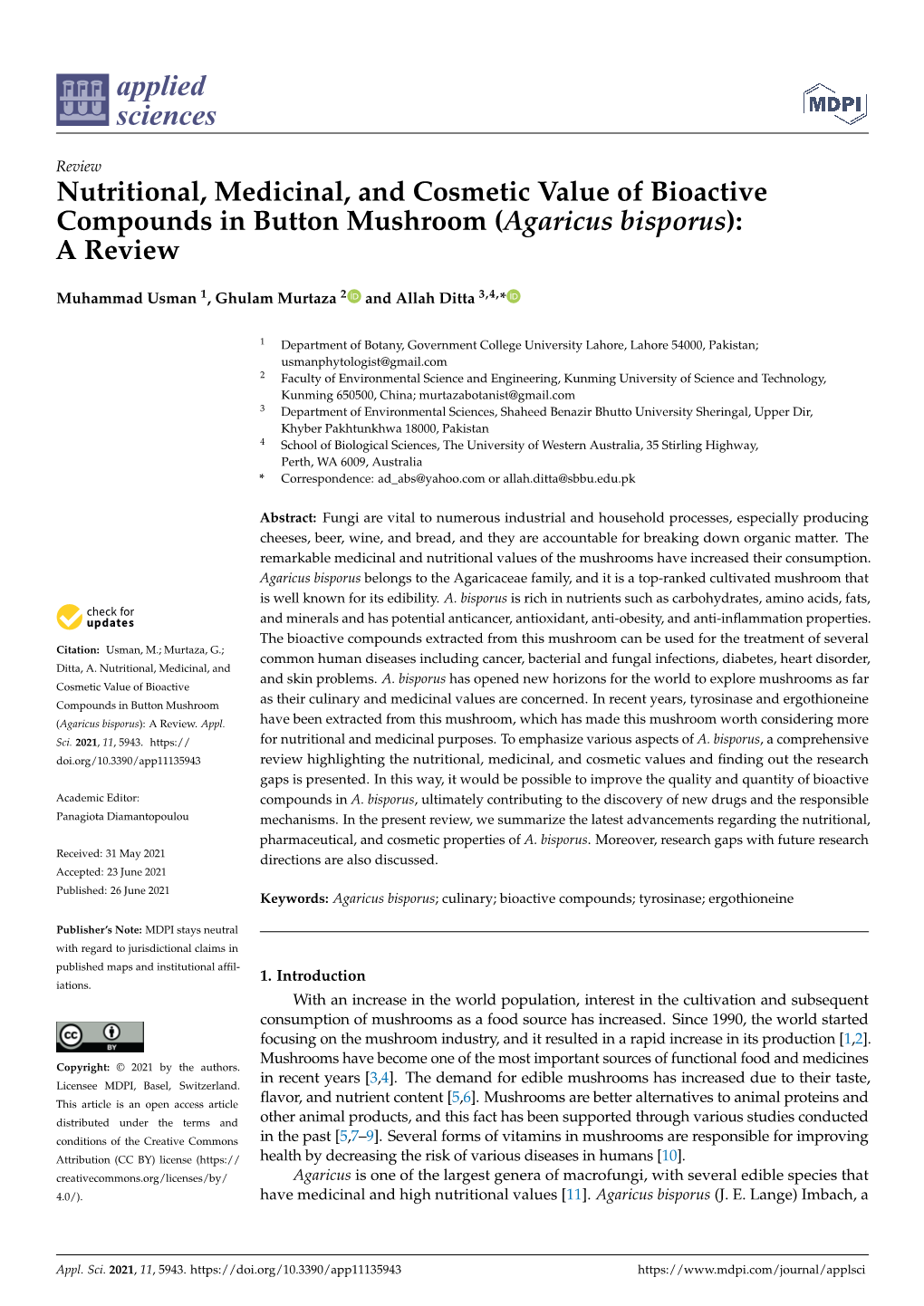 Agaricus Bisporus): a Review