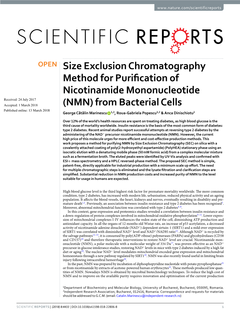 NMN) from Bacterial Cells Published: Xx Xx Xxxx George Cătălin Marinescu 1,2, Roua-Gabriela Popescu1,2 & Anca Dinischiotu1