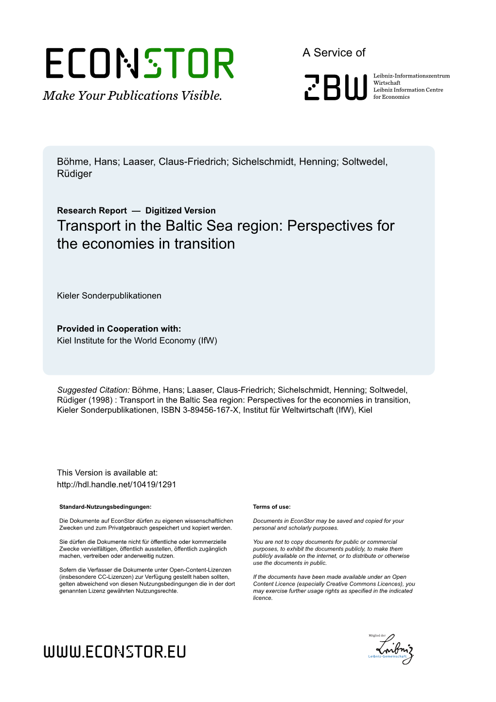 Transport in the Baltic Sea Region: Perspectives for the Economies in Transition