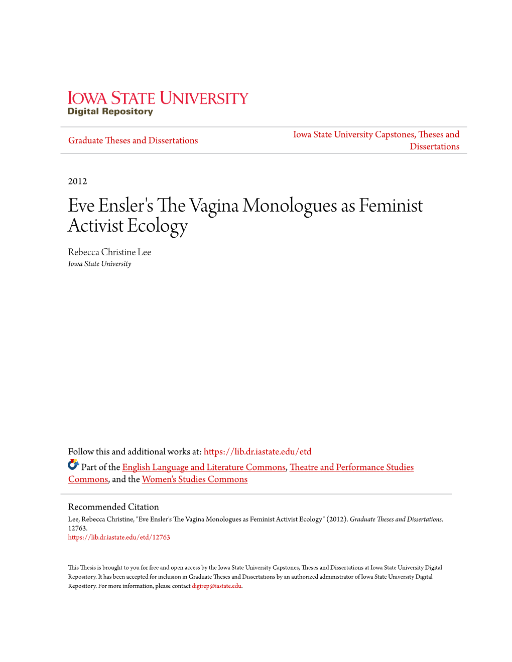 Eve Ensler's the Vagina Monologues As Feminist Activist Ecology