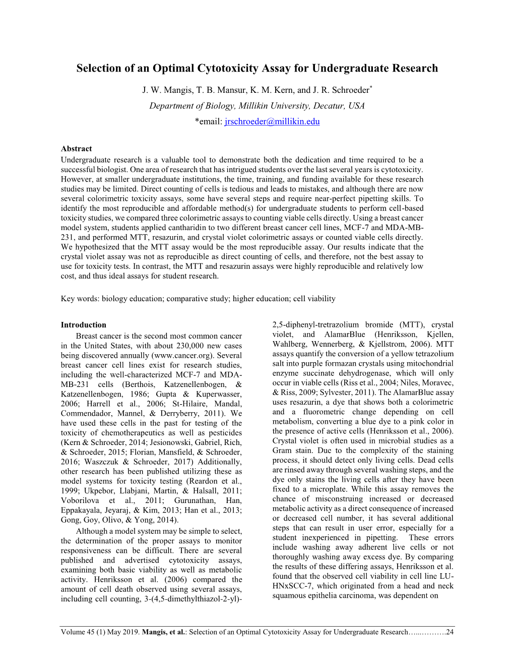 Selection of an Optimal Cytotoxicity Assay for Undergraduate Research