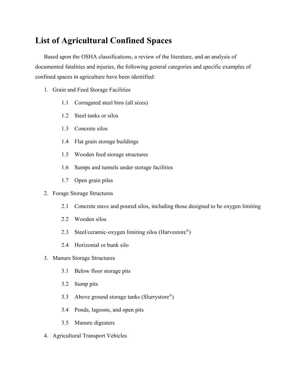 List of Agricultural Confined Spaces