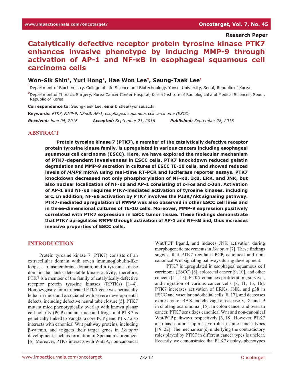 Catalytically Defective Receptor Protein Tyrosine Kinase PTK7 Enhances