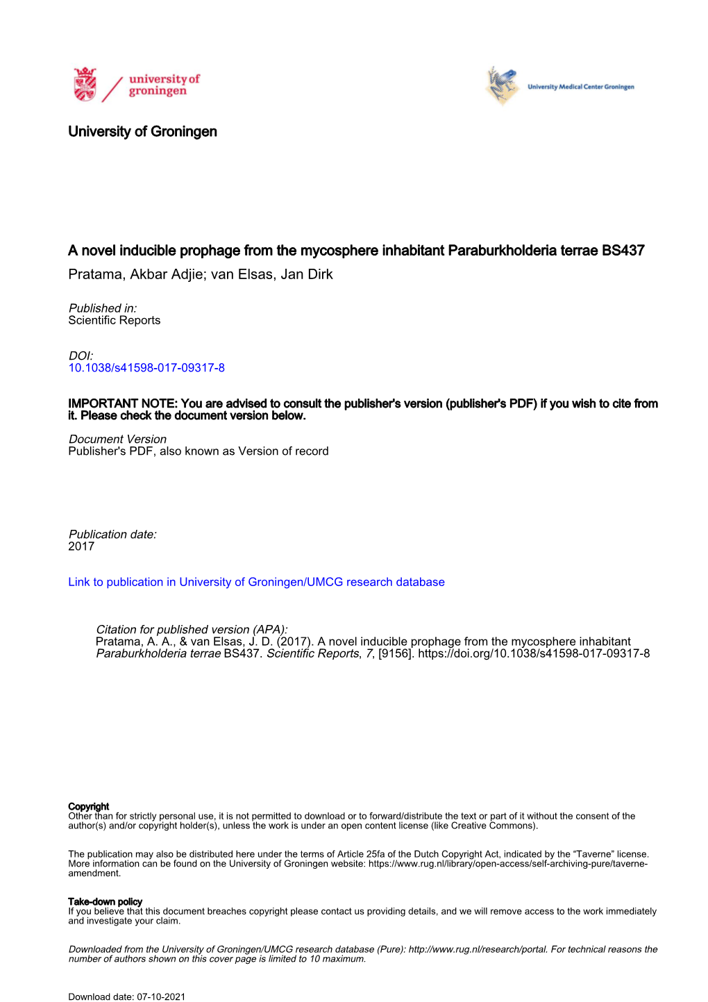 A Novel Inducible Prophage from the Mycosphere Inhabitant Paraburkholderia Terrae BS437 Pratama, Akbar Adjie; Van Elsas, Jan Dirk