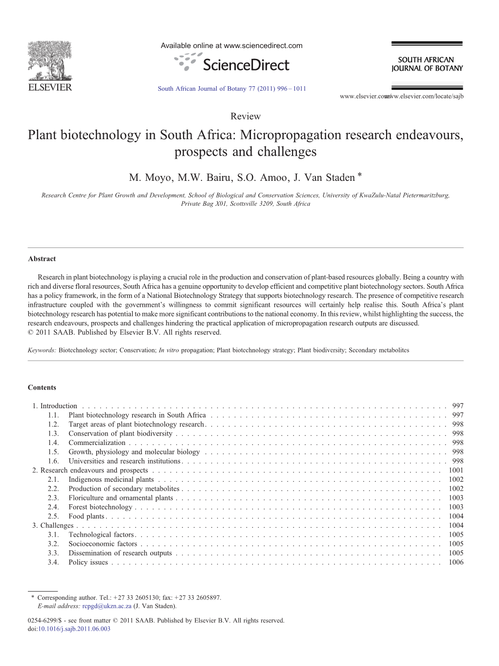 Plant Biotechnology in South Africa: Micropropagation Research Endeavours, Prospects and Challenges ⁎ M