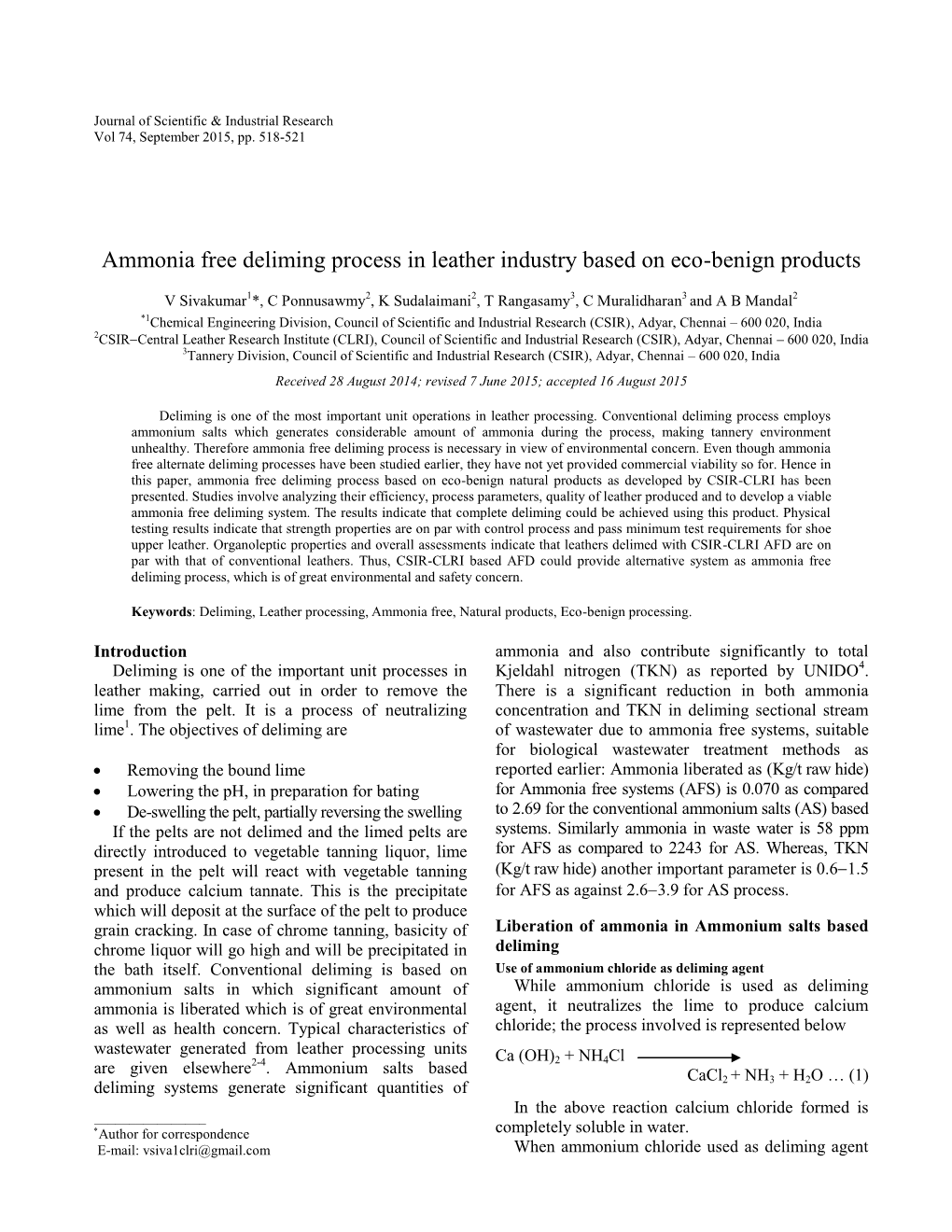 Ammonia Free Deliming Process in Leather Industry Based on Eco-Benign Products