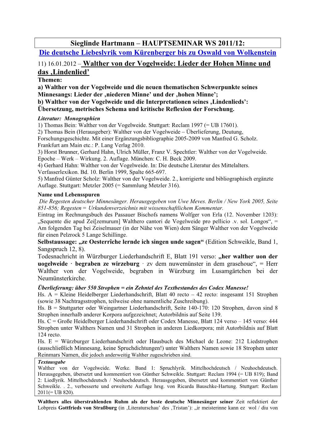 Sieglinde Hartmann – HAUPTSEMINAR WS 2011/12: Die Deutsche Liebeslyrik Vom Kürenberger Bis Zu Oswald Von Wolkenstein