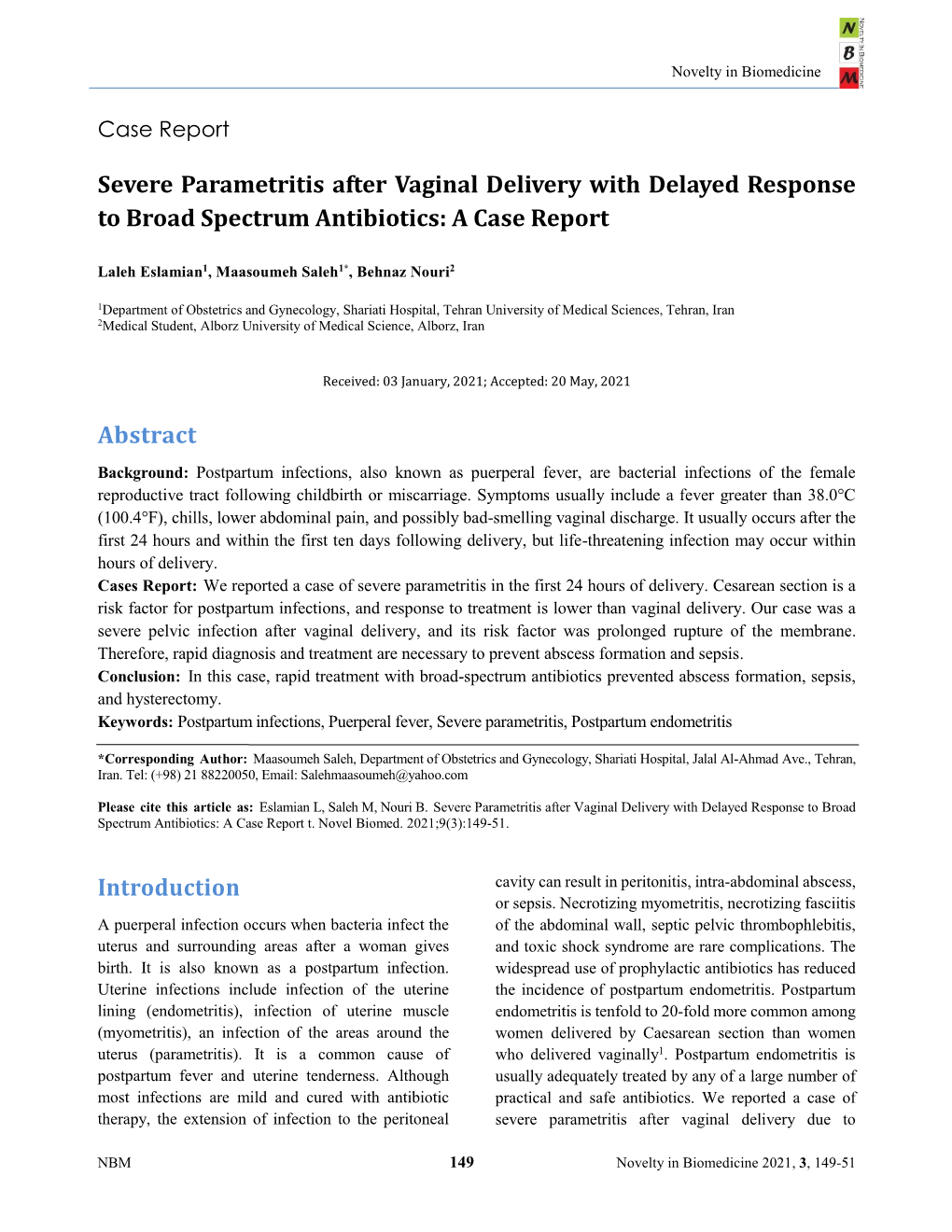 Severe Parametritis After Vaginal Delivery with Delayed Response to Broad Spectrum Antibiotics: a Case Report