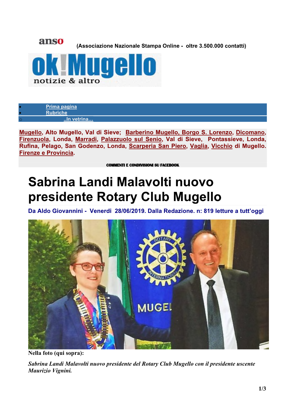 Sabrina Landi Malavolti Nuovo Presidente Rotary Club Mugello Da Aldo Giovannini - Venerdi 28/06/2019